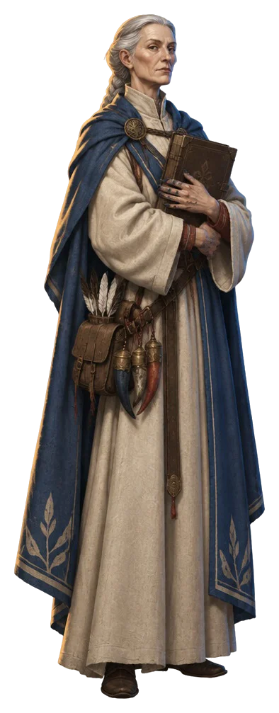 Abbess Morwen Hale, perempuan tua berambut perak dikepang, berjubah wol dengan mantel biru woad, memeluk buku bersampul kulit